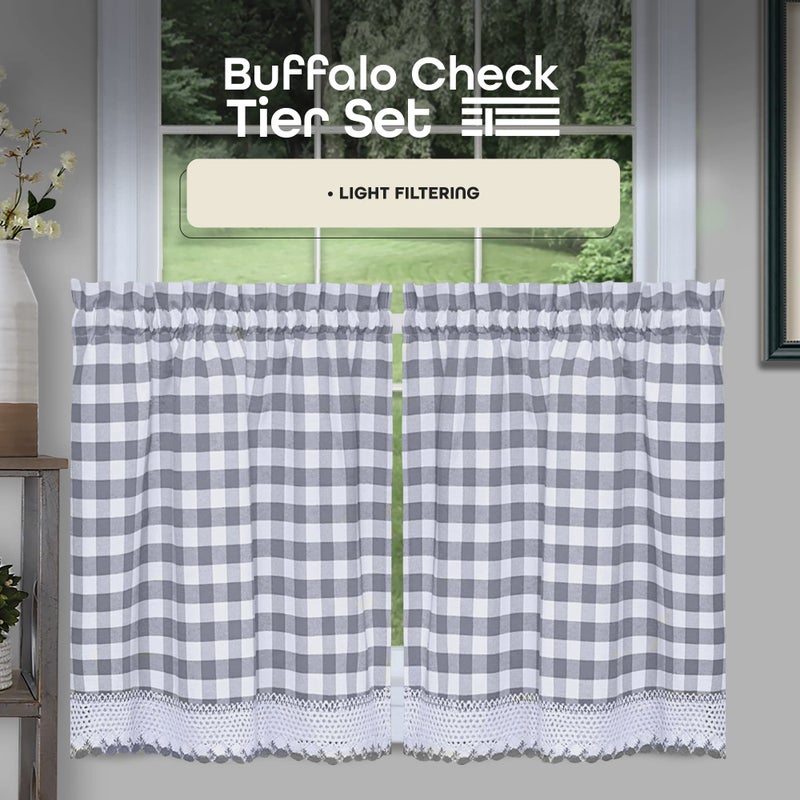 ACHIM Buffalo Check Tier Pair Window Curtain Set - 58 Inch Width, 24 Inch Length - Grey & White Plaid Drapes - Light Filtering Drapes for Kitchen, Bedroom, Living & Dining Room Home Decor - Image 2